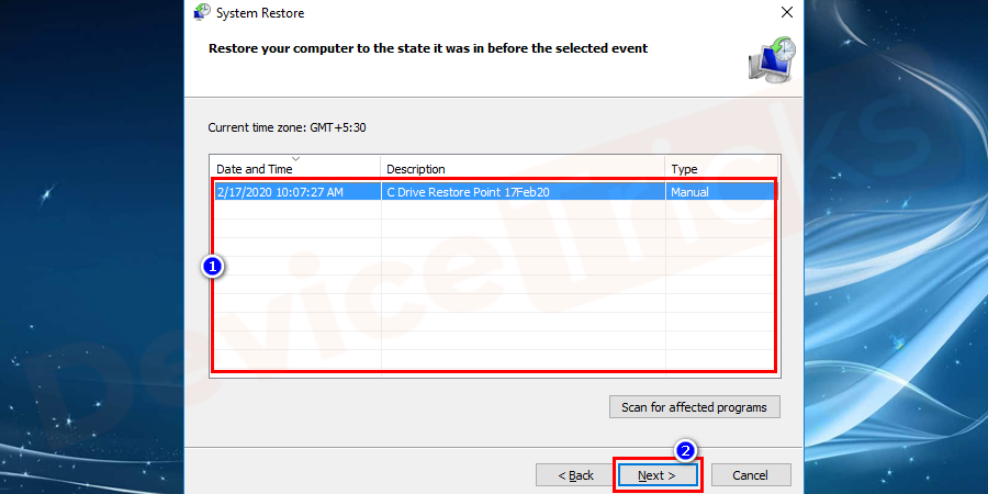 select show more restore points to select a restore point