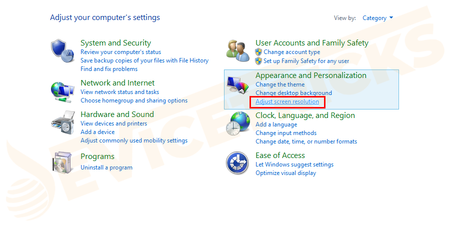 Appearance and Personalization and select the Adjust screen resolution.