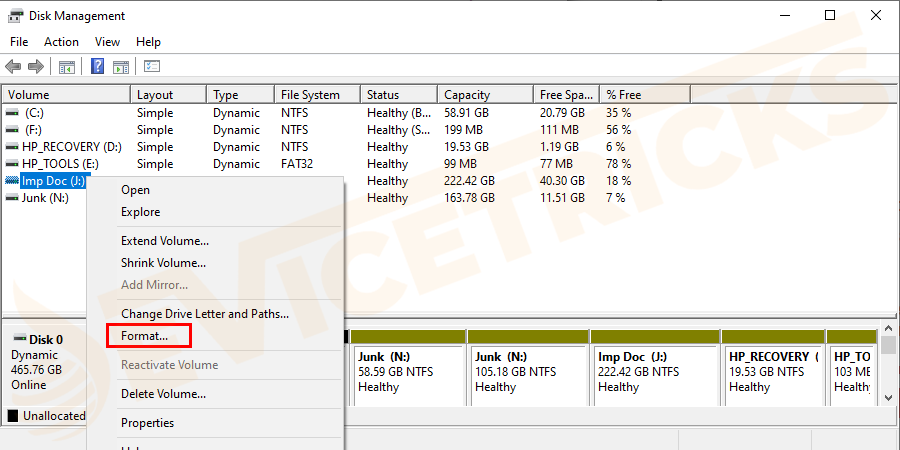 Thereafter, a new window will open which will feature the list of drives. Select the appropriate one, right-click on it, and select ‘Format’.
