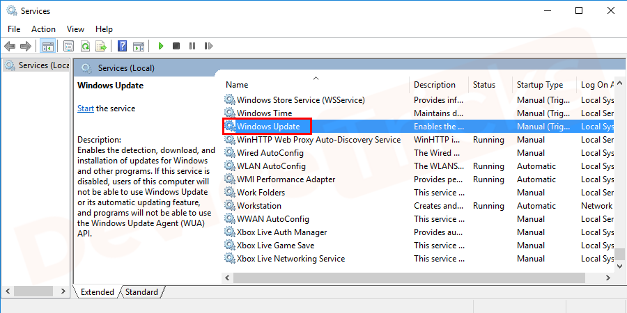 Select ‘Windows Update’, double-click on it