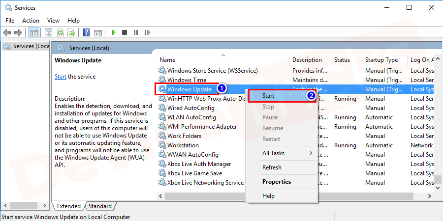 Now, repeat steps 1 to 3. Right-click on Windows Update service and select start.