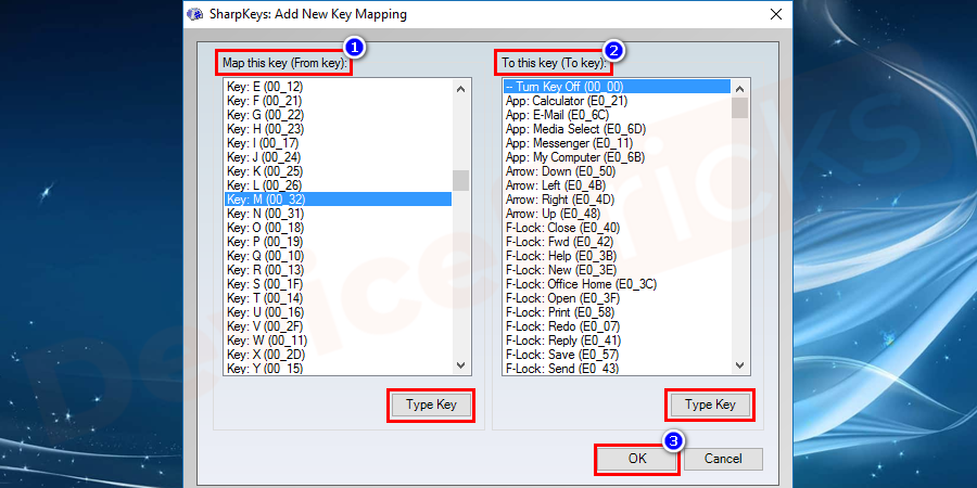 On the next window, you can see map this key, to this key options. Just choose the key you want to replace from the left panel and choose the problematic key from the right panel. If you have any problem in searching a key type the key for the left panel and choose the key from the right panel which to replace. Finally, click on the ok button to add key successfully. As a result, your remapping of the key is done which will display on the screen.
