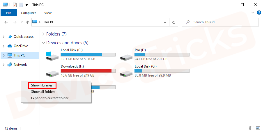 Now navigate to left sidebar and Right-click on an empty area and select show libraries from the menu.