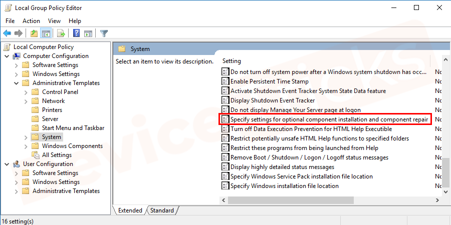 Once the System window opens double click on the "Specify settings for optional component installation and component repair".