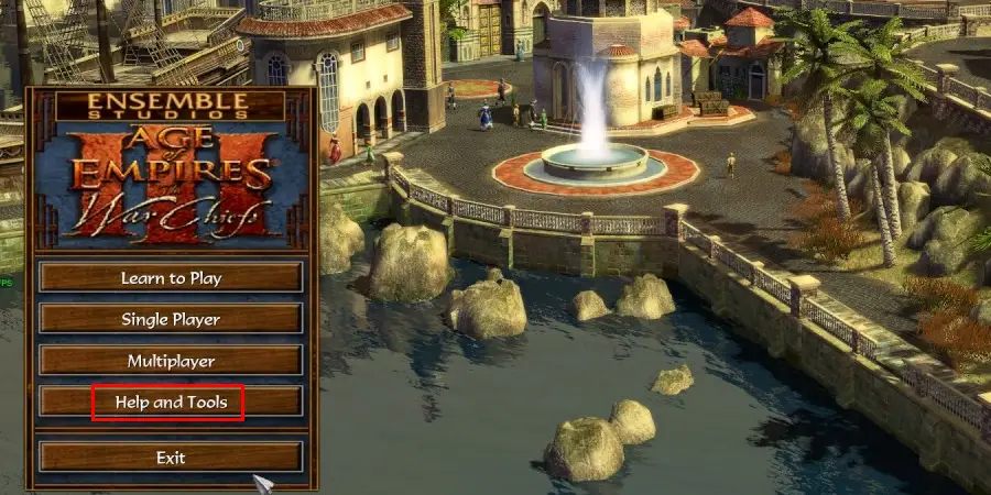 Start Age of Empires III and on the main game screen, click Help and Tools.
