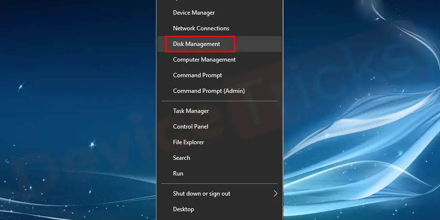 Right-click on the Start button and choose the Disk Management tool.