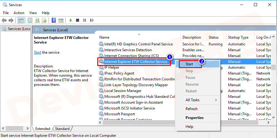 In the list shown search for Internet Explorer ETW Collector Service, right-click on it and select for Start option.