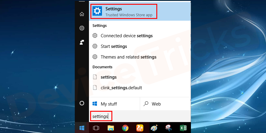 Click on the start menu on the desktop screen and go to settings from the options. If you don’t find, search from the search bar and click on the first option from the list.