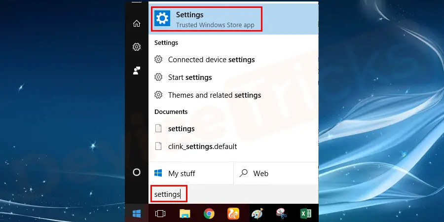 Go to the start button. If you know, navigate directly to settings in the start menu else search for settings in the search box.