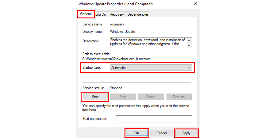 In the Startup type section, select Automatic from the menu. And In the service status section, click the Start button. After that click Apply and hit OK to save changes