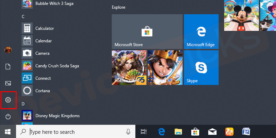 Click on ‘Start’ Menu and select ‘Settings’.