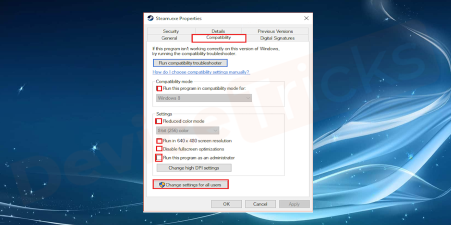 Change settings for all users.