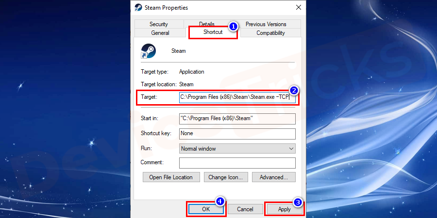C:\Program Files (x86)\Steam\Steam.exe –TCP