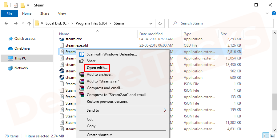 On the next screen, go to Steam.cfg and right-click on it from the list select open with option.