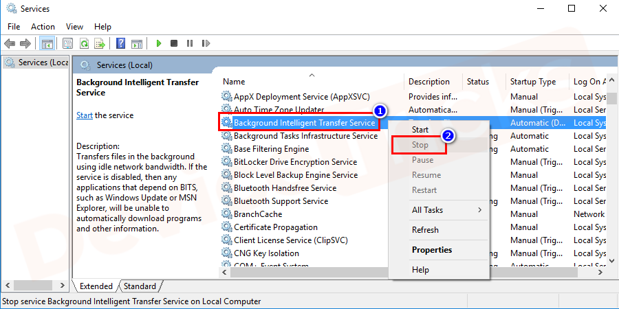 Once again scroll down the list and search for Background Intelligent Transfer Services. Double-click on it to stop the services as done in the previous step.