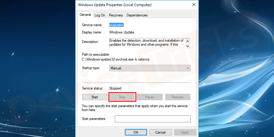 choose the ‘Stop’ option