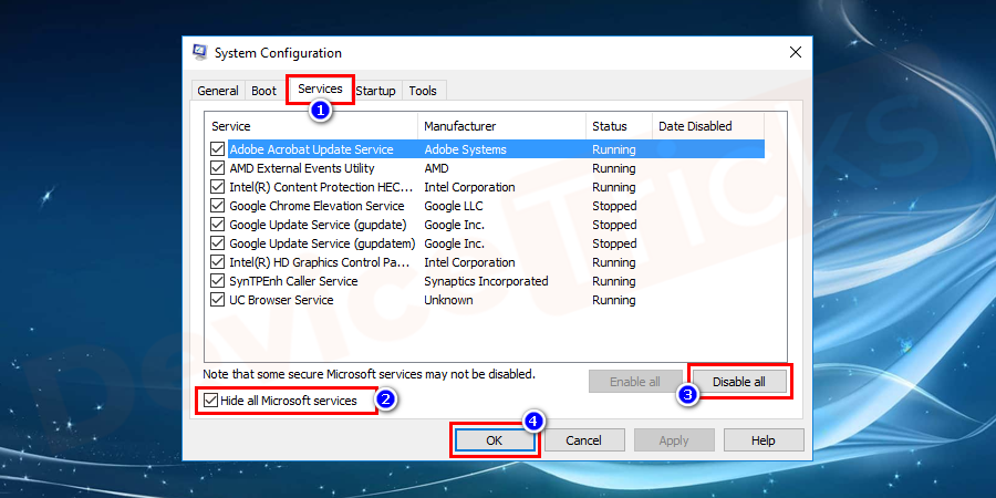 Tap to select the “Hide all Microsoft Services” checkbox and then click on “Disable all.