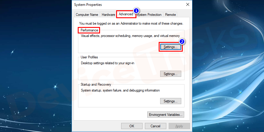 Now the system properties window will open, go to the advanced tab from the menu bar. And under the performance category, click on settings option.