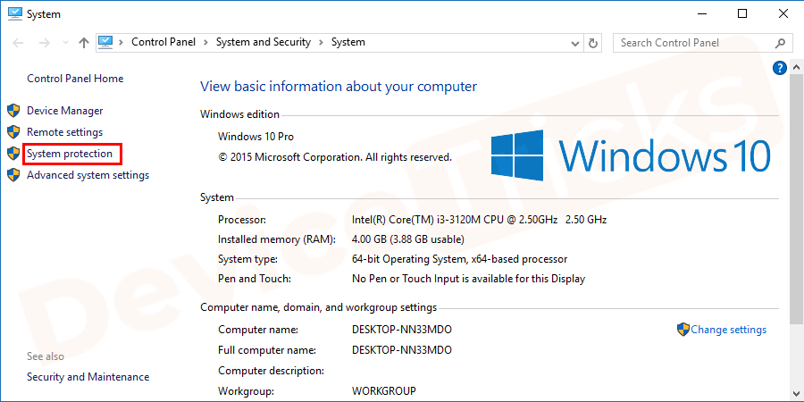 In the properties window select System protection option.