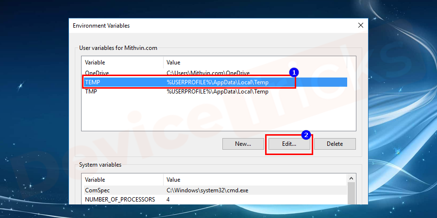 In the opened Window, double click on the TEMP variables to open the file. You can also click on the Edit button for the same function.