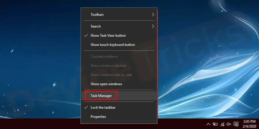 Hover your mouse cursor to the ‘Taskbar’, right-click on it and then choose ‘Task Manager’.