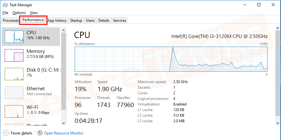 Soon, a Task Manager window will open and you need to click on the ‘Performance’ tab that is located at the top of the menu bar.
