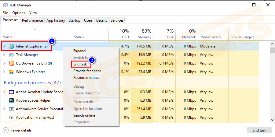 Navigate to the Processes tab and locate iexplore.exe. Right-click on it and select End Task.