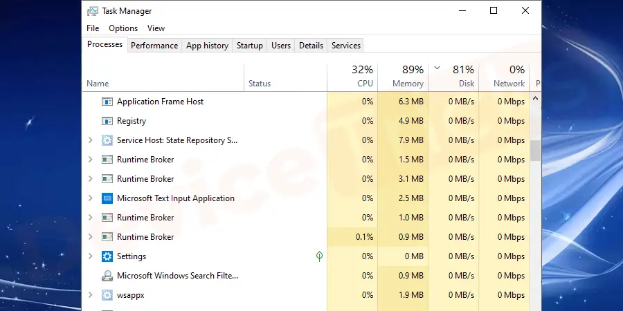 Thereafter, a task manager window will appear on the screen and it will show the list of running applications, background services, and disabled applications too.