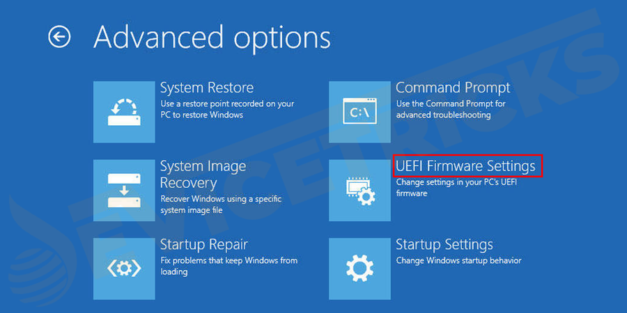 Select the UEFI Firmware settings and then click on Restart.