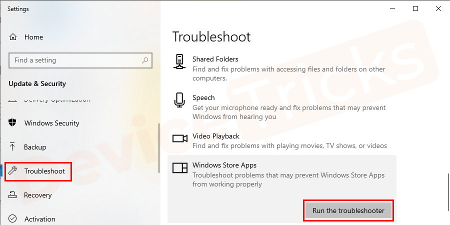 Scroll down the list to find Windows Store Apps and select Run the Troubleshooter.