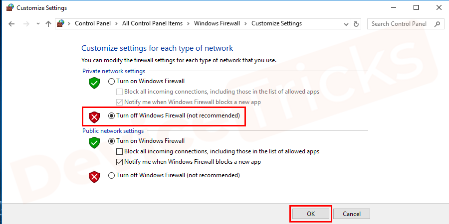 Turn off the Windows Defender Firewall