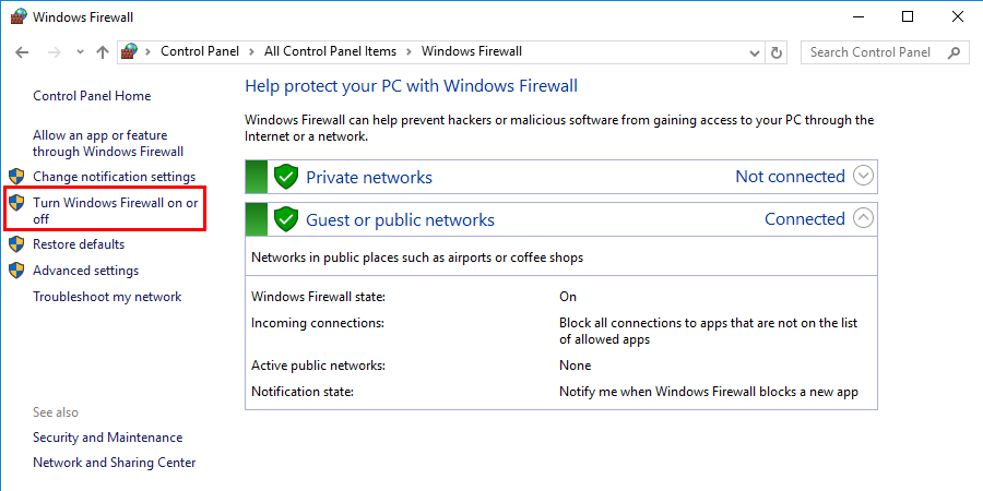 Turn Windows Defender Firewall ON or Off