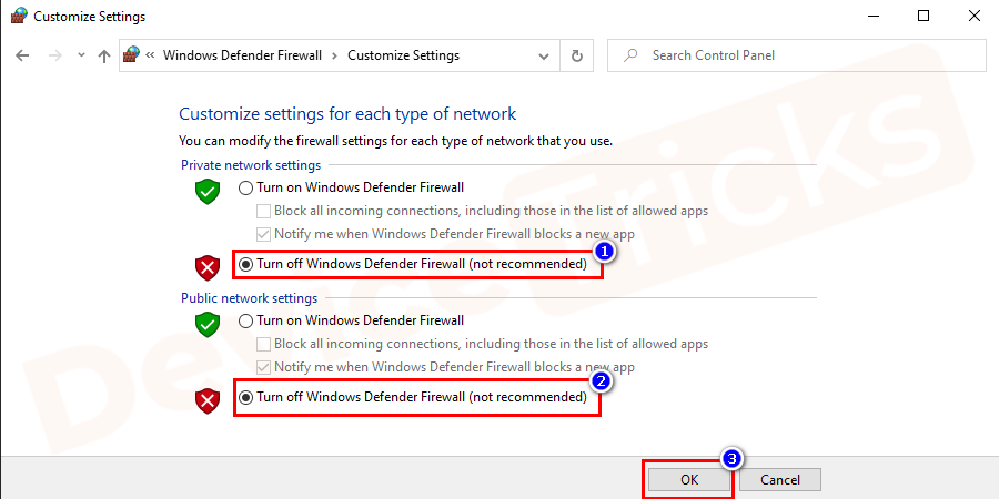 Turn off Windows Defender Firewall