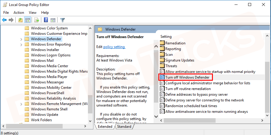 From the list select "turn off Windows Defender".