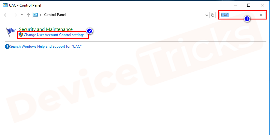 In the Control panel at the right side of the window type UAC in the search box.