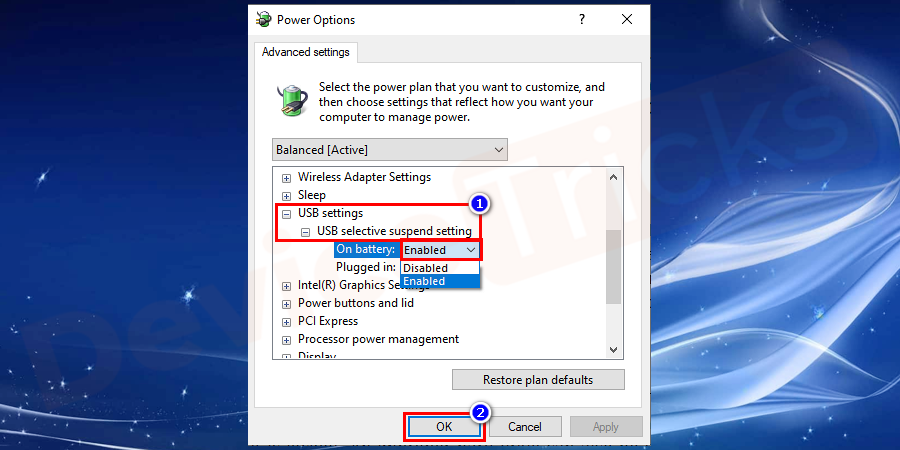 Navigate to USB Settings > USB selective suspend setting, and switch the settings to disabled.