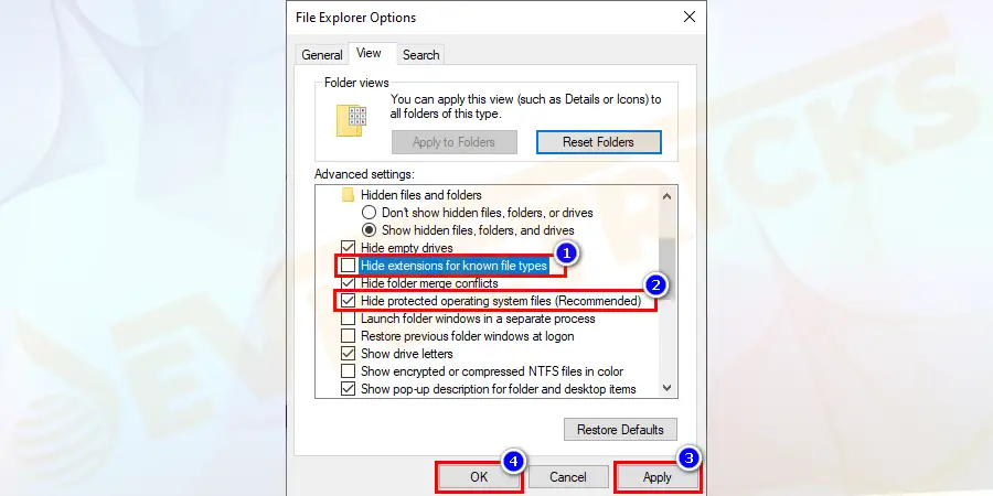 Below that there is another last checkmark named “Hide protected operating system files”, remove the checkmark from that checkbox too. A popup warning will appear seeking permission from the user to display these hidden system operating files, click on YES.