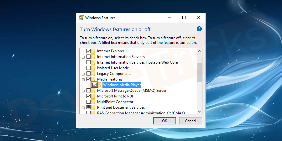 Then uncheck the box stating ‘Windows Media Center’.