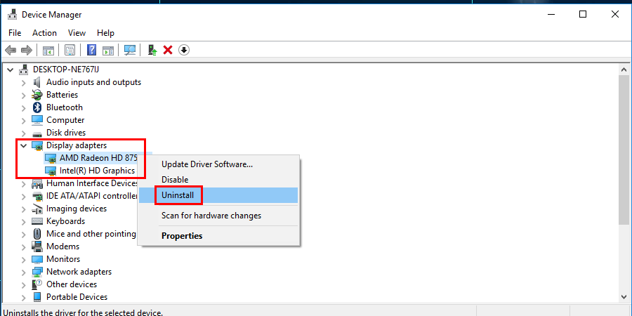 Locate the Graphics card you use it right-click on it and select Uninstall device option to fix Windows File Explorer keeps crashing