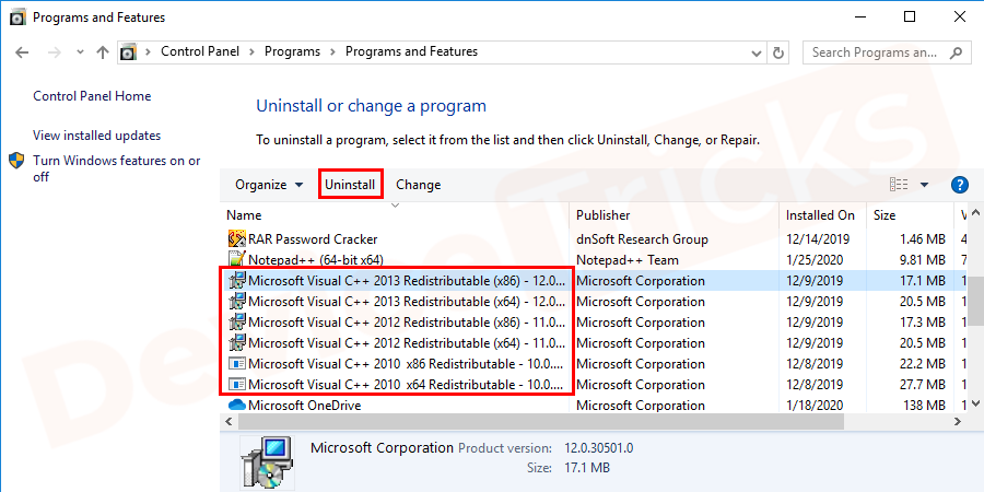 Uninstall/Remove all “Microsoft Visual C++ Redistributable” items.