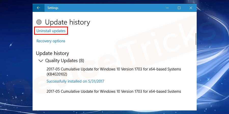 Now select the Uninstall updates option displayed under view installed update history.