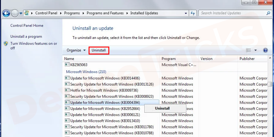 Double-click on the update you want to remove and follow the instruction displayed on the screen.