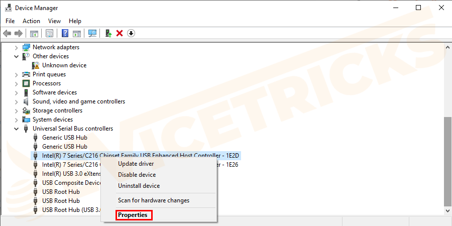 If you see any error message on the device, then double click on it and open Properties.