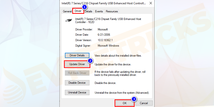 Under the Drivers tab, select Update Driver.