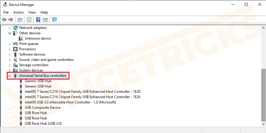 Select the Universal Serial Bus Controller option. It will expand to show more options.