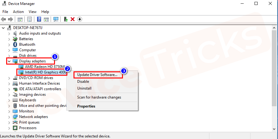 Select the Graphic Card, right-click on it and then choose ‘Update Driver’ from the drop-down menu.