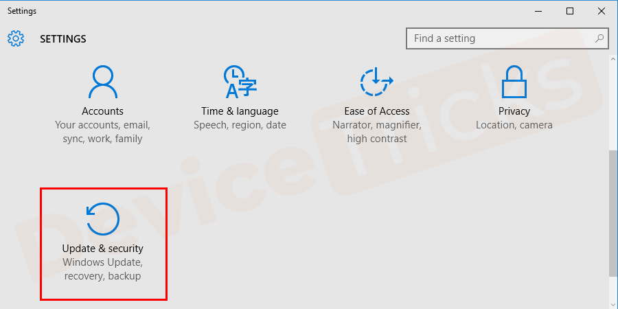 select ‘Update and Security’