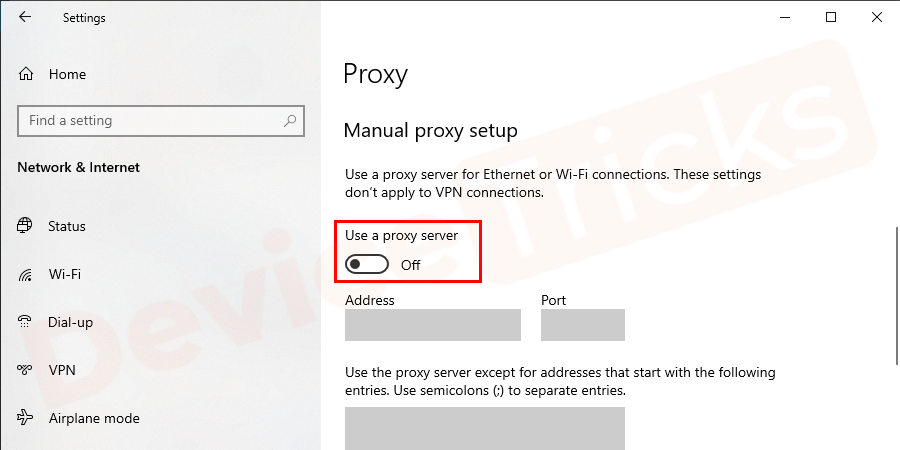 Scroll down and check the box or turn on the radio button for Use a proxy server for your LAN option and press OK.