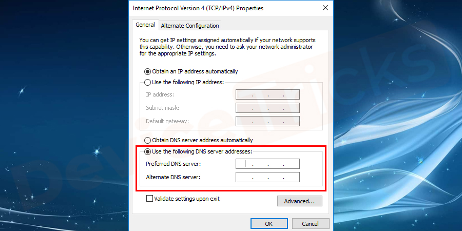 Select the option ‘Use the following DNS address.’