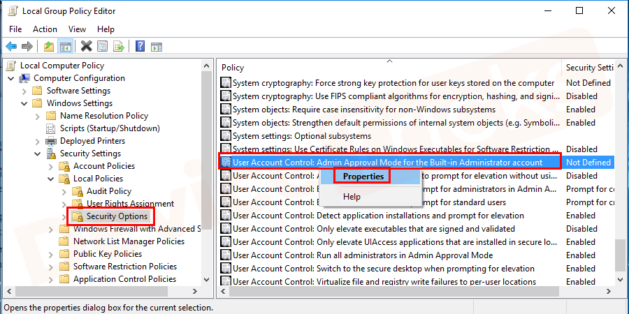 Click on the security option and you will see a list of item on the right side. Scroll down to the bottom and search for “User Account Control: Admin Approval Mode for the Built in Administrator”. Double-click on it to open its properties.